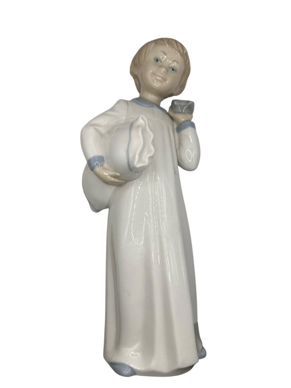 Vtg NOA Lladro Porcelain Figuerine Boy with Clock Pillow made in Spain 10”